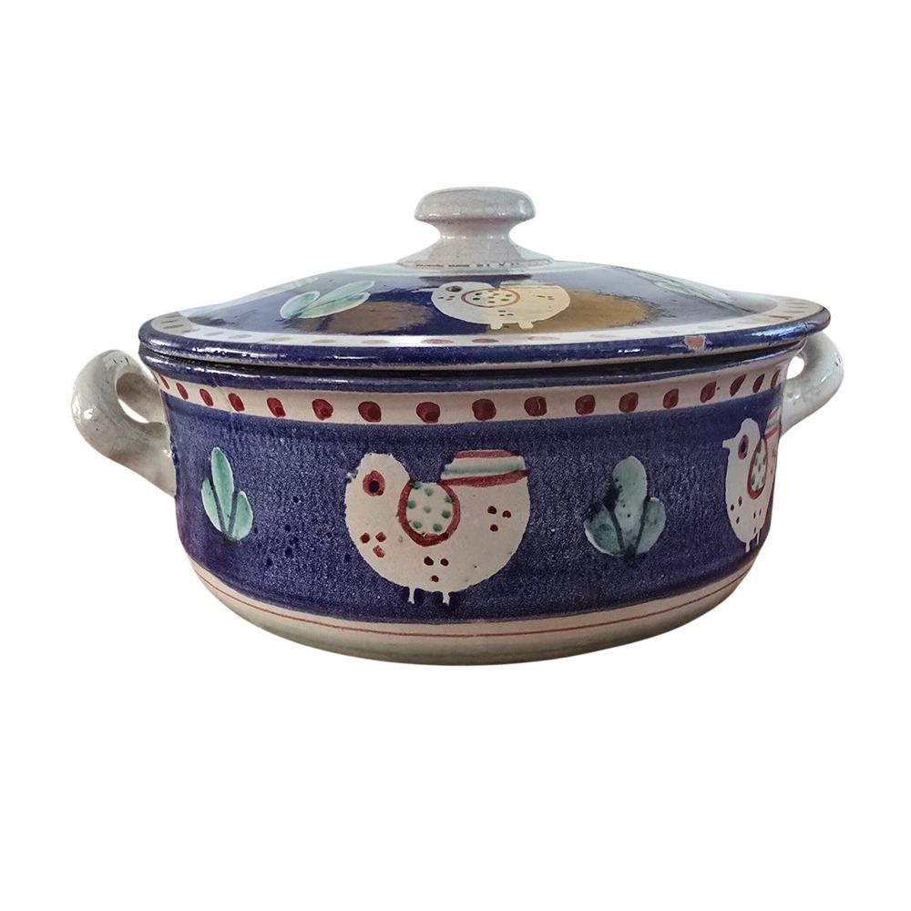 VTG Vulcania Italy Terracotta Casserole Dish Hand Painted Chicken Blue 10 crack